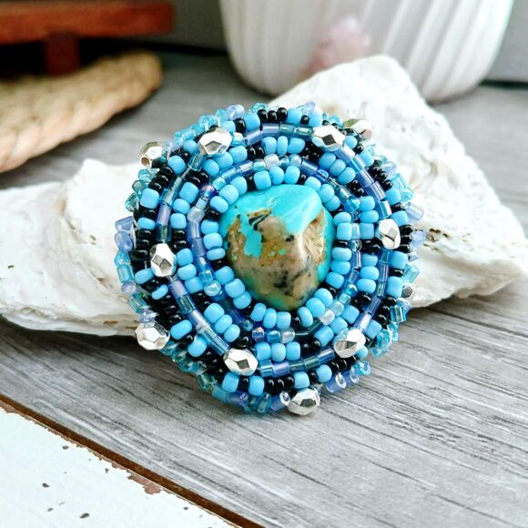 Turquoise Gemstone Beaded Embroidery Brooch, Beaded Accessories, 1.75" - Picture 1 of 6